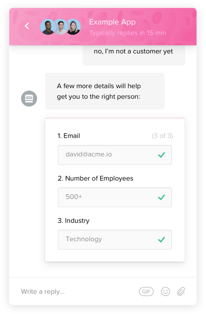 A screenshot of the Intercom chat interface showing Email, Employee Count, and Industry asked at once.