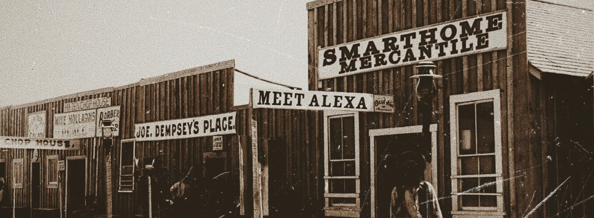 Old film image of shops with signs