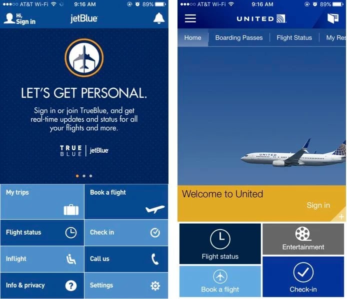 The options presented to you on the launch screen in JetBlue’s and United’s mobile apps.