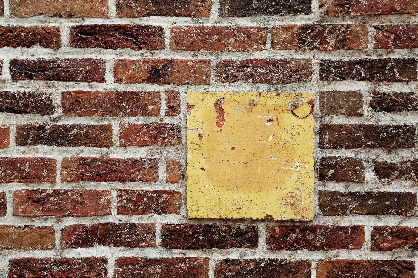 Yellow square on a brick wall.