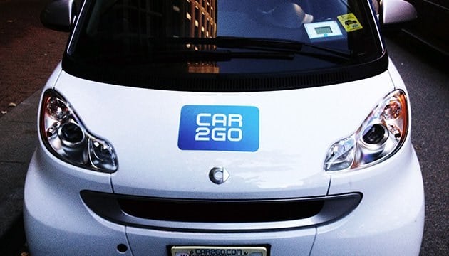 Front of a Car2Go car sharing vehicle.