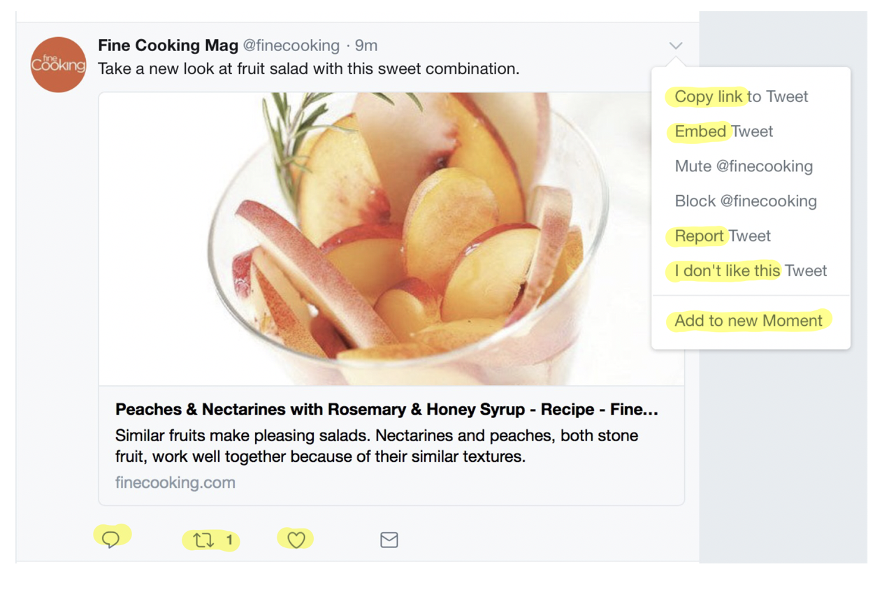 Actions (highlighted in yellow) identified using a Tweet’s button bar an menu.