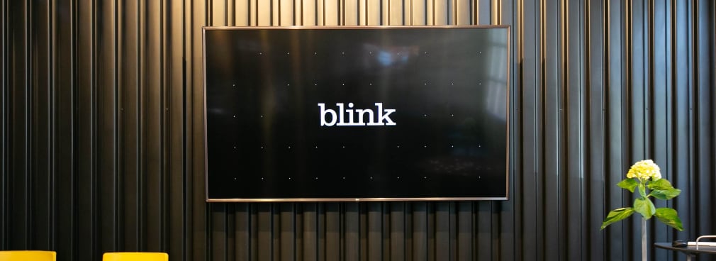 Blink logo on a TV screen monitor hanging on a wall