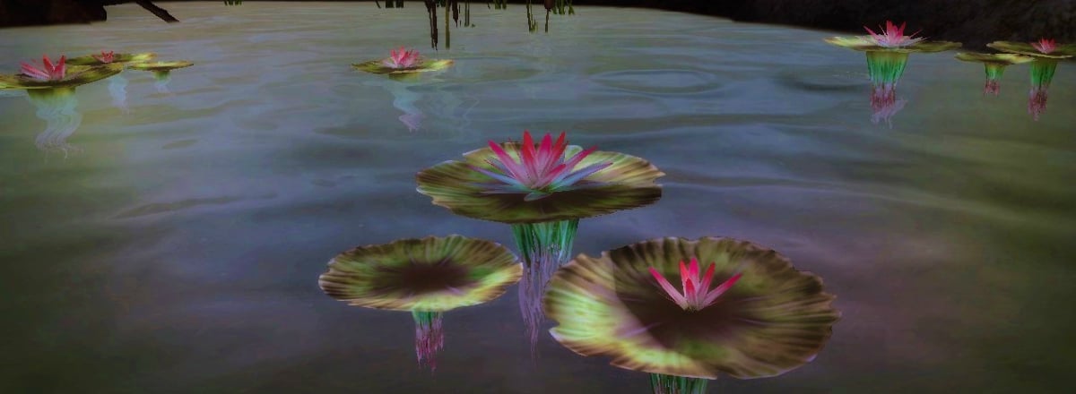Computer graphic image of a pond with lily pads