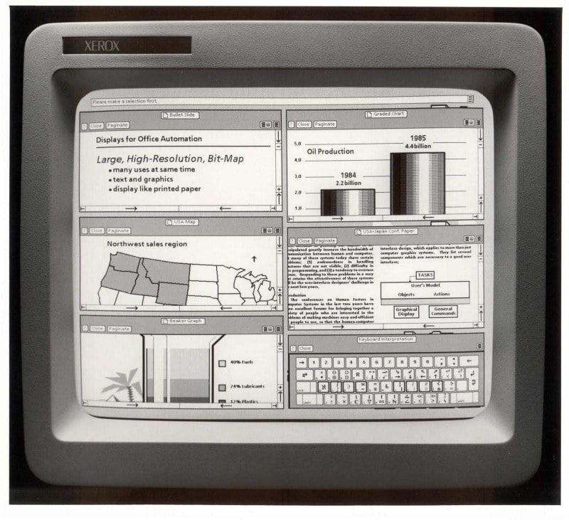 Xerox Star 8010, 1981. Note the window with the conference paper: they are talking about objects and actions! These are key constructs underlying a GUI.