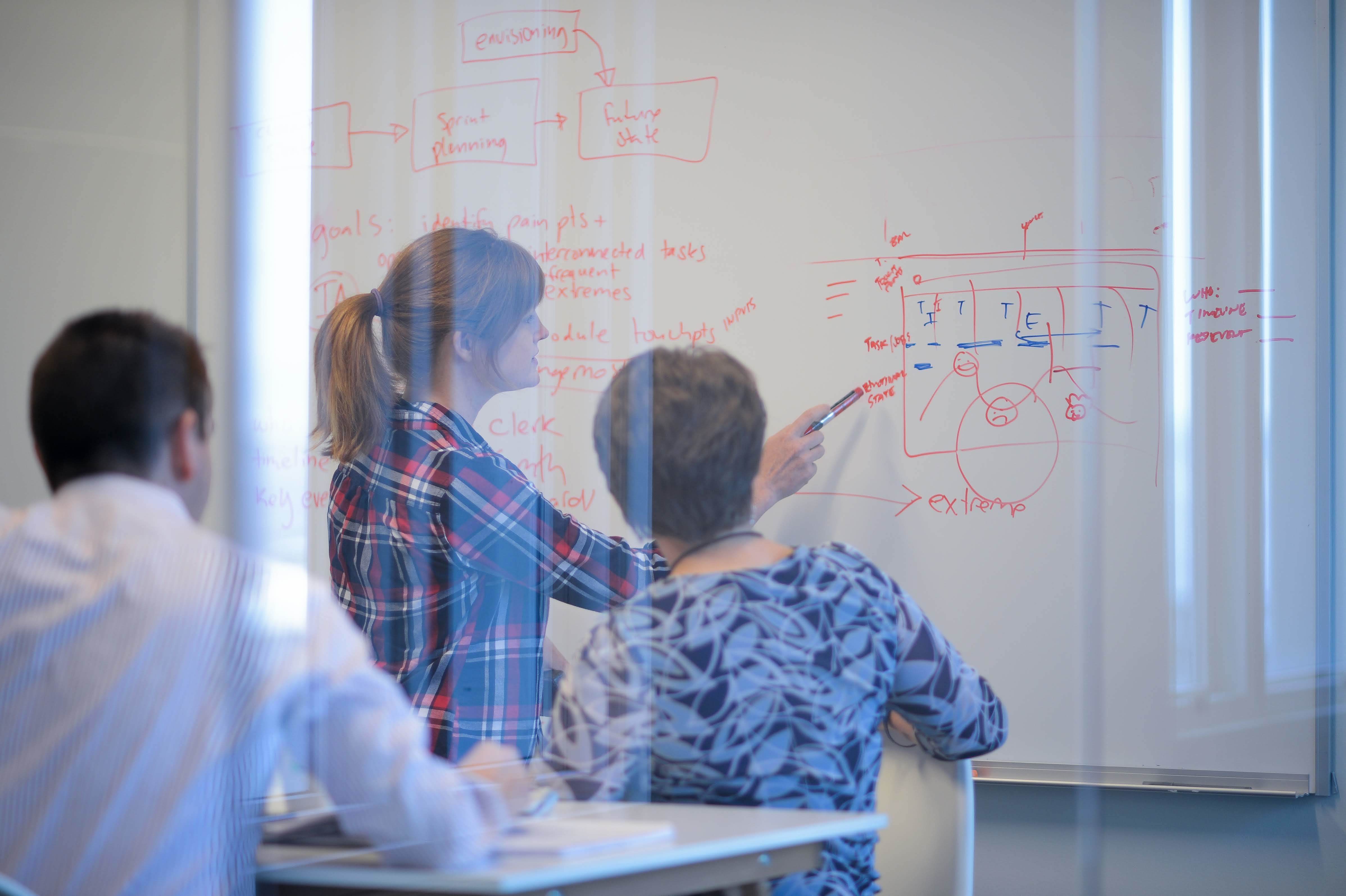 Blink team member pointing to a drawn graph on a whiteboard