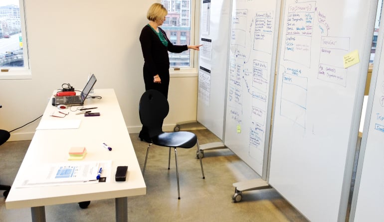 Woman standing pointing at a whiteboard