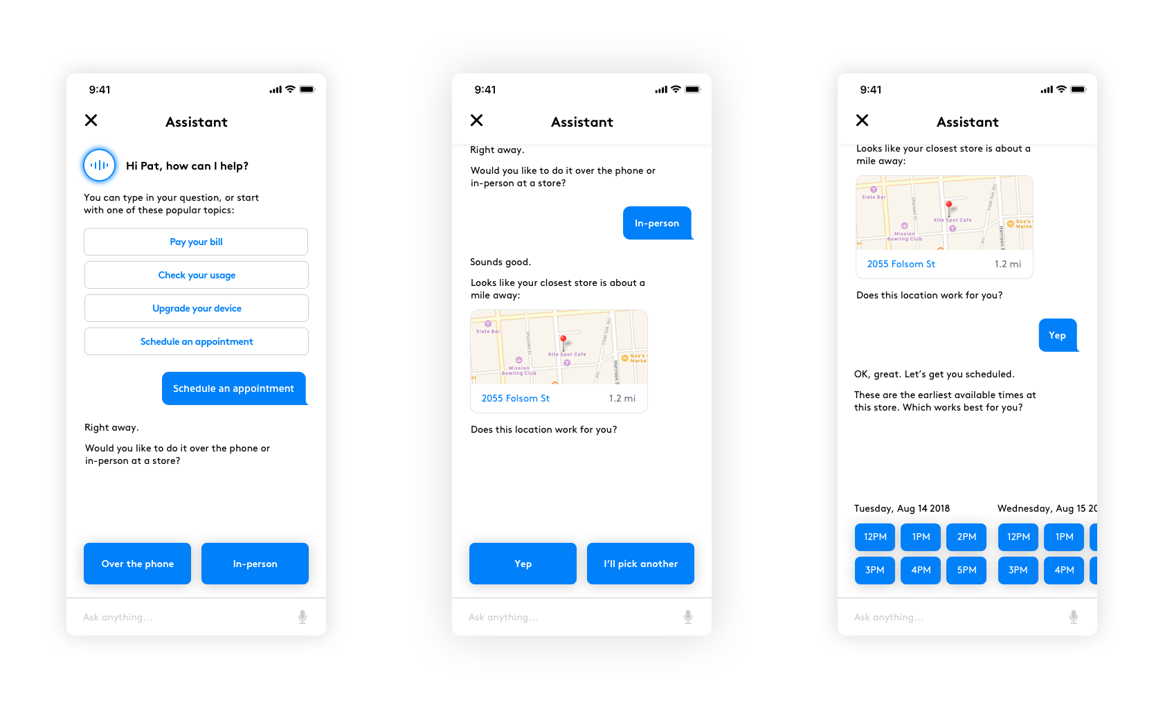 Three interactive states of a chat bot designed by Blink for Vlocity