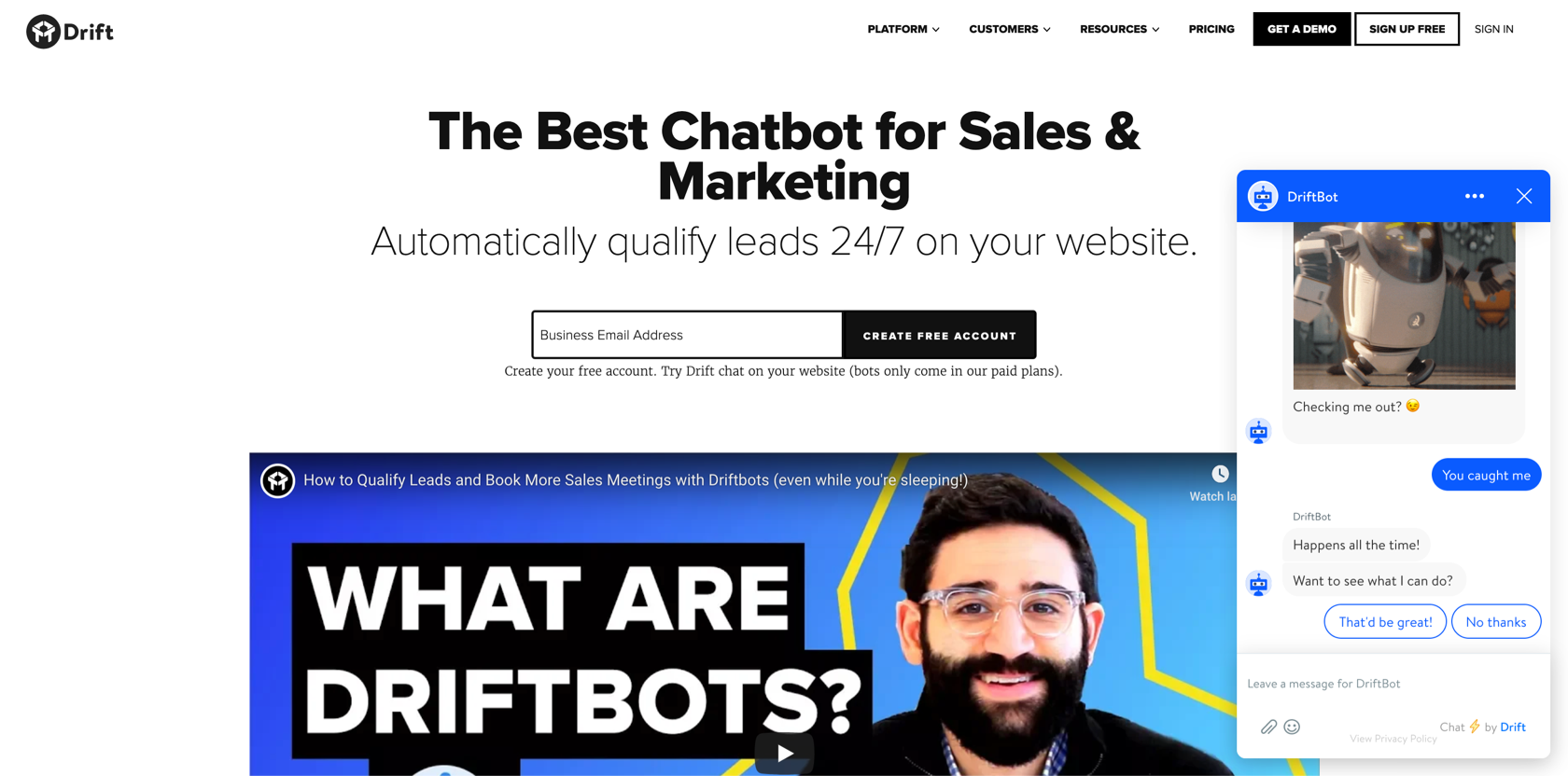 A screenshot of the Drift.com homepage which includes a personable chatbot.