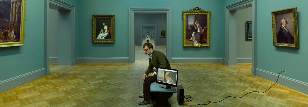 Cinematic photography of a man sitting on a bench in the middle of a room with paintings