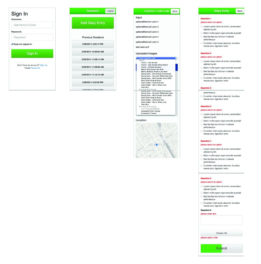 Typical Digital Diary screens, as accessed via smartphone.