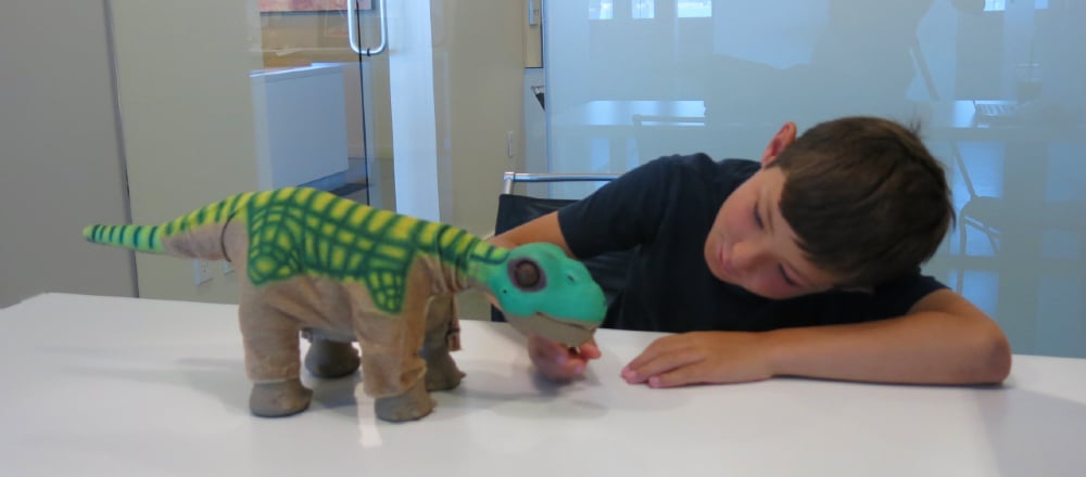 Child playing with a PleoRB robot dinosaur