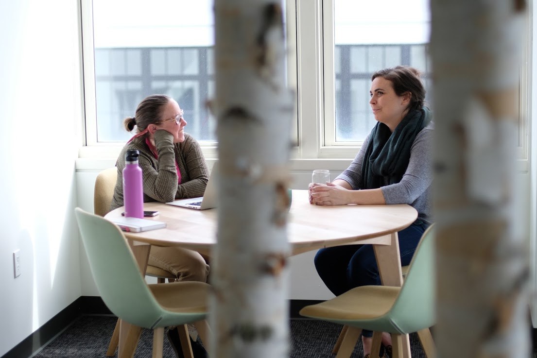 Brigitt Rains and Kristina Knaus meet in a corner table