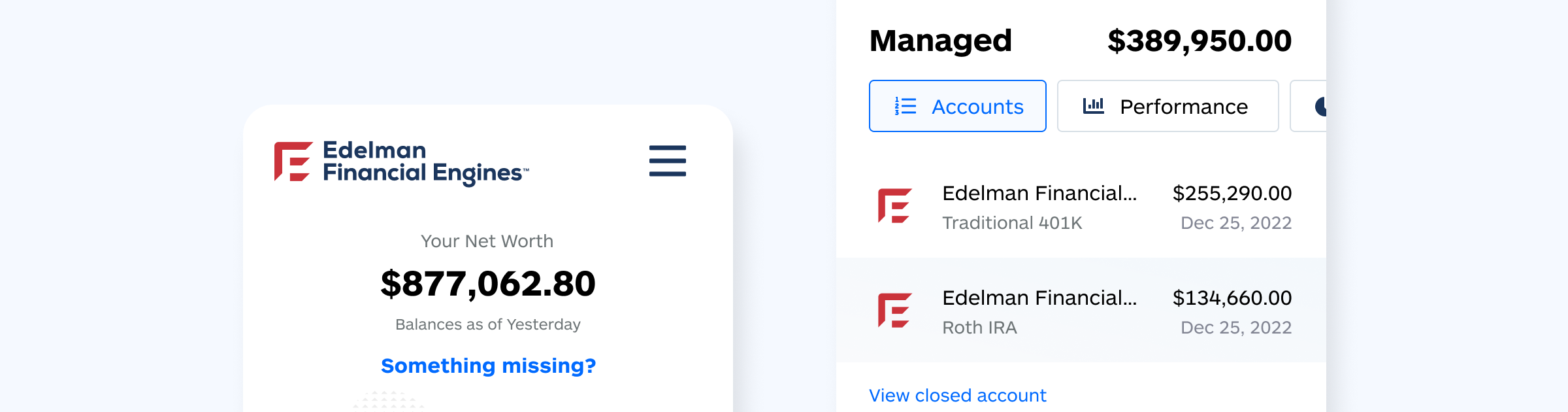 Screen from the Edelman Financial Engines app. "Your Net Worth: $877,062.80. Balances As Of Yesterday.Something missing?"