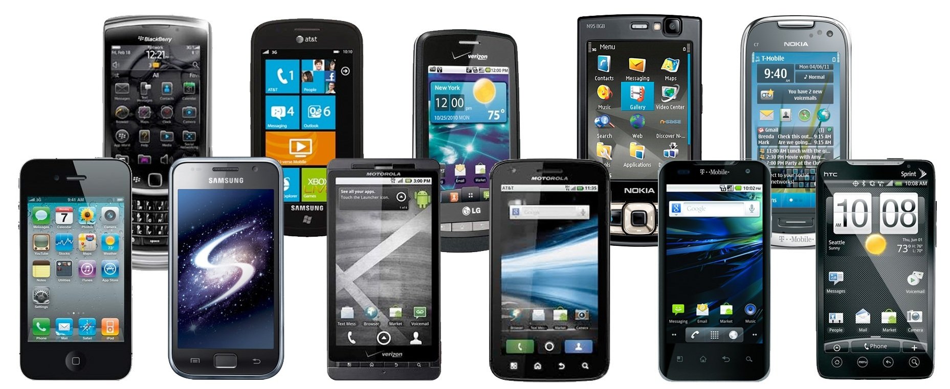 Home screens of 11 mobile phones.