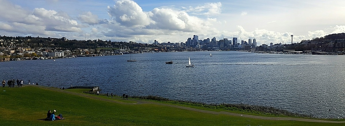 View of the Seattle skyline taken from the shores of Lake Union.