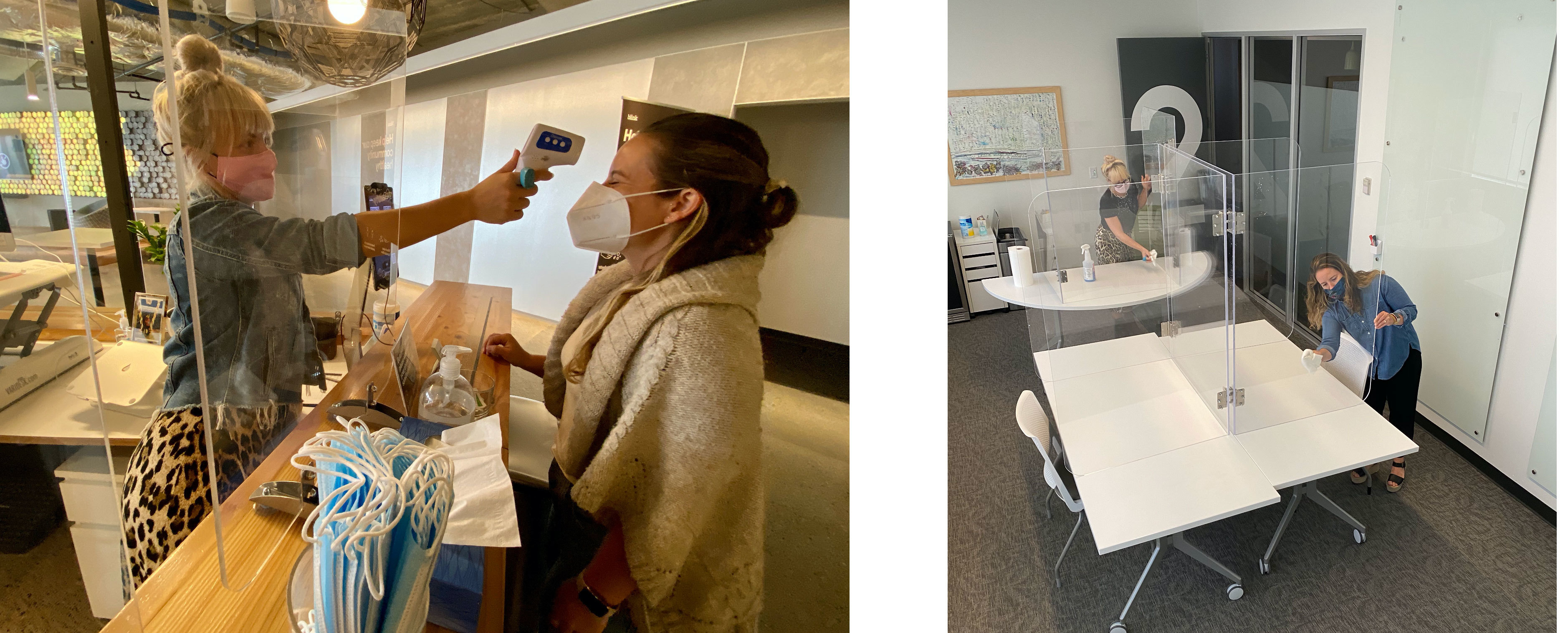 Temperature checks and plastic shields at the Blink office.