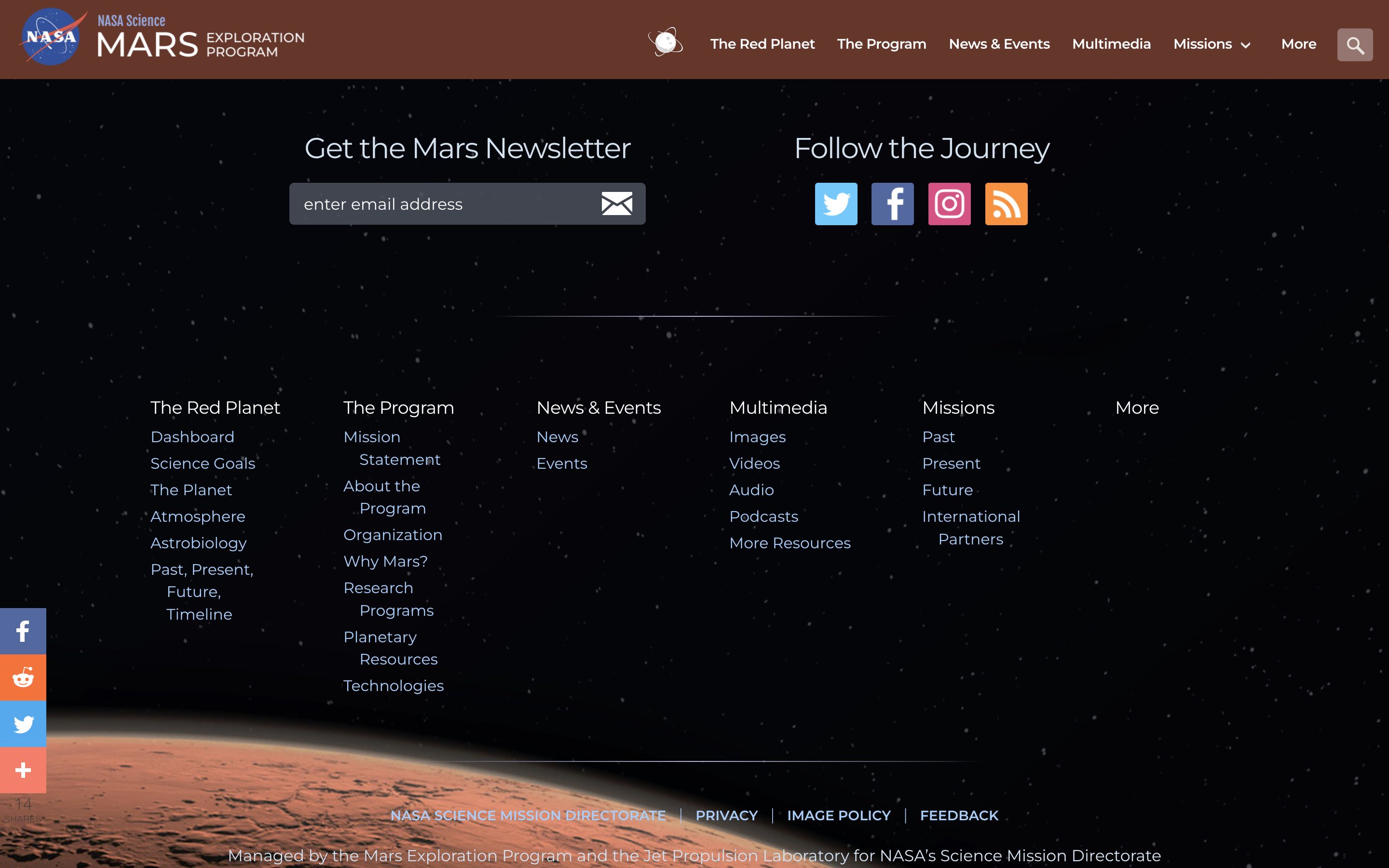 An example of a site map from mars.nasa.gov