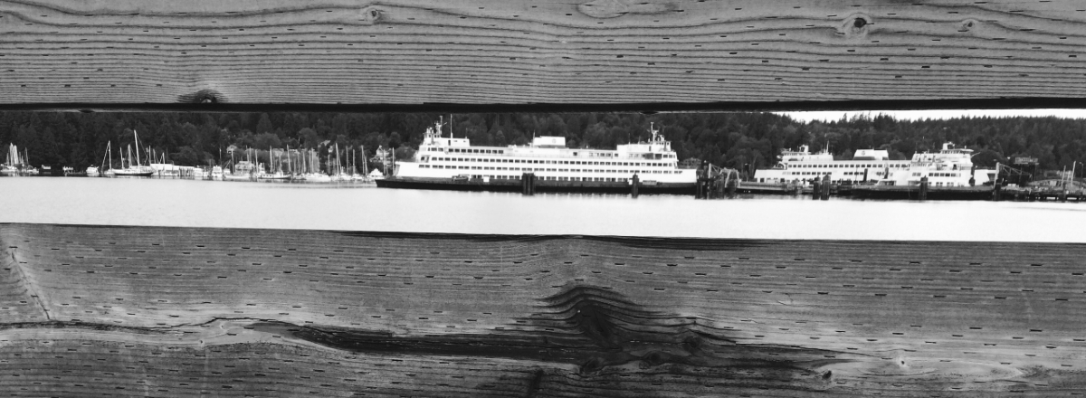 Black and white photograph of a ship taken through two horizontal fence posts.