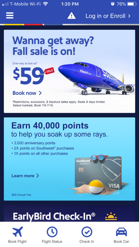 Southwest Airlines mobile application homepage.