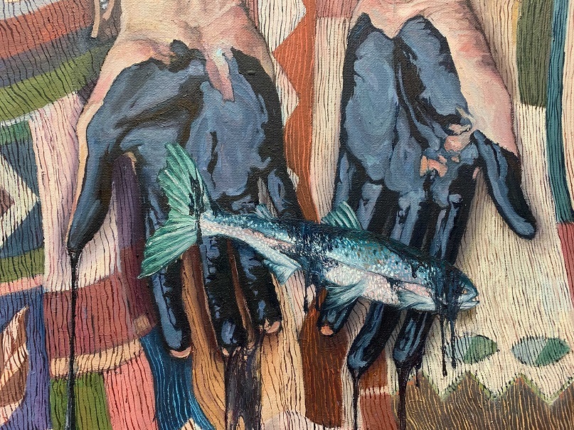 Painting of oil-covered hands holding a fish.