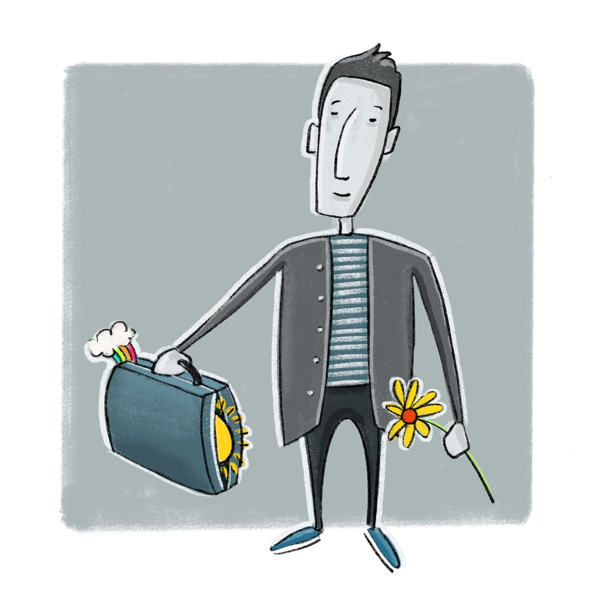 Illustration of a man holding a briefcase and flower.