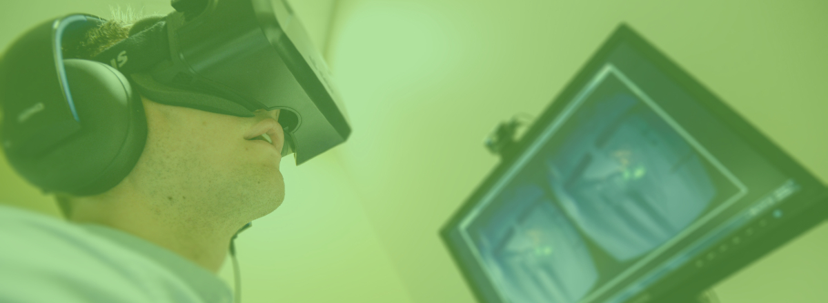 Man wearing virtual reality (VR) goggles.