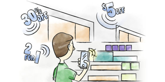 A cartoon of someone using a mobile app in a retail store