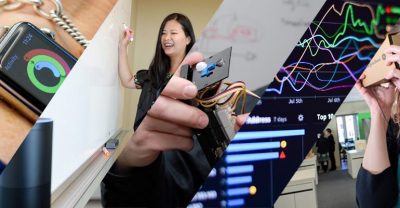 A composite photo of popular interacting with popular technologies like an Apple Watch and VR headset