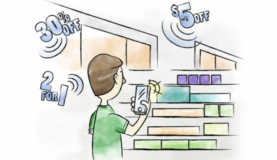 A cartoon of someone using a mobile app in a retail store