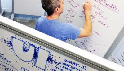 Photo of Blink staff members working on a white board