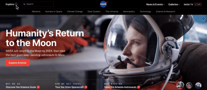 GIF showing walkthrough of the NASA.gov menu which illustrates the Murphy Bed concept