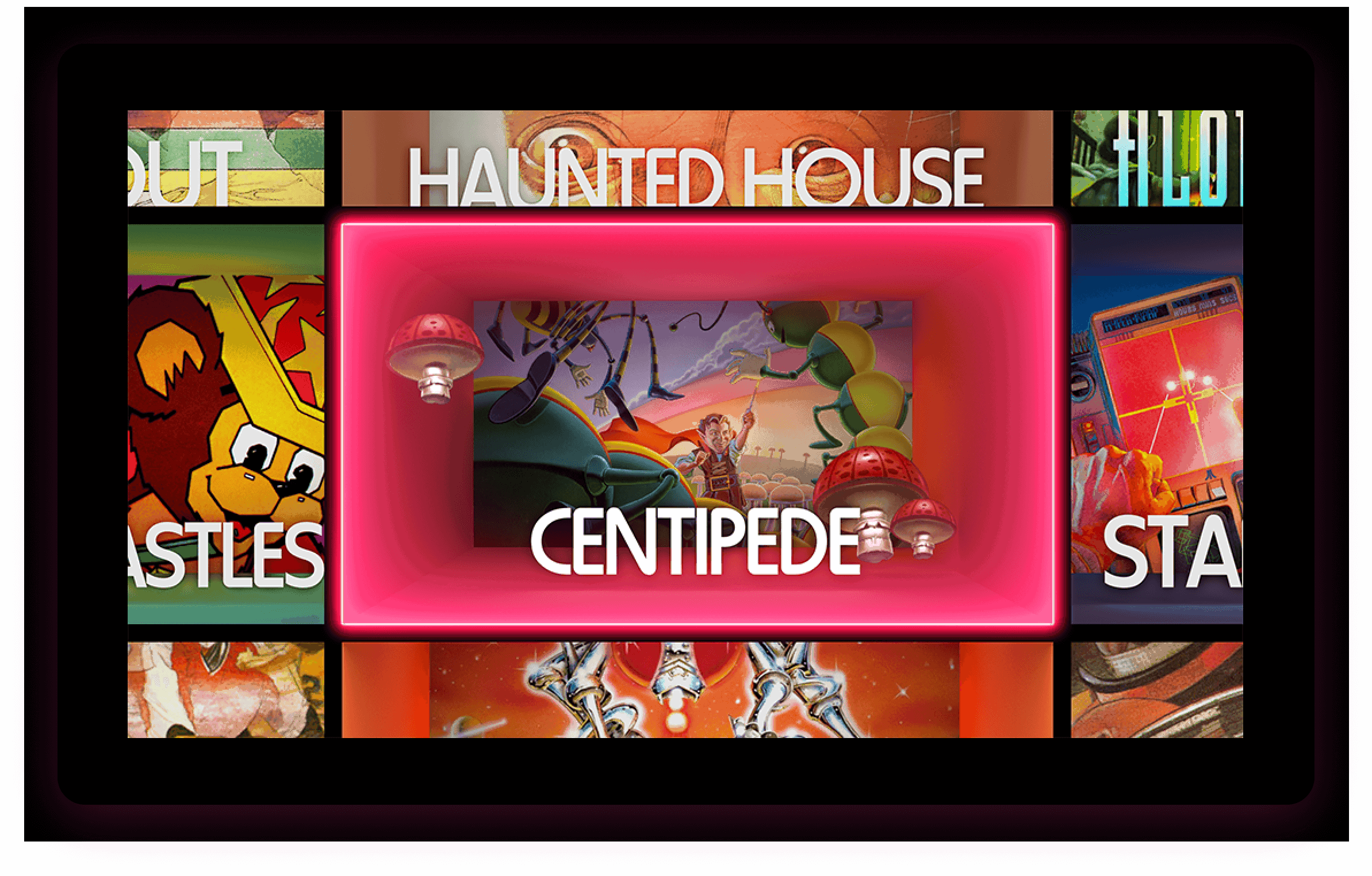UX design of Centipede on Atari console game selection screen.