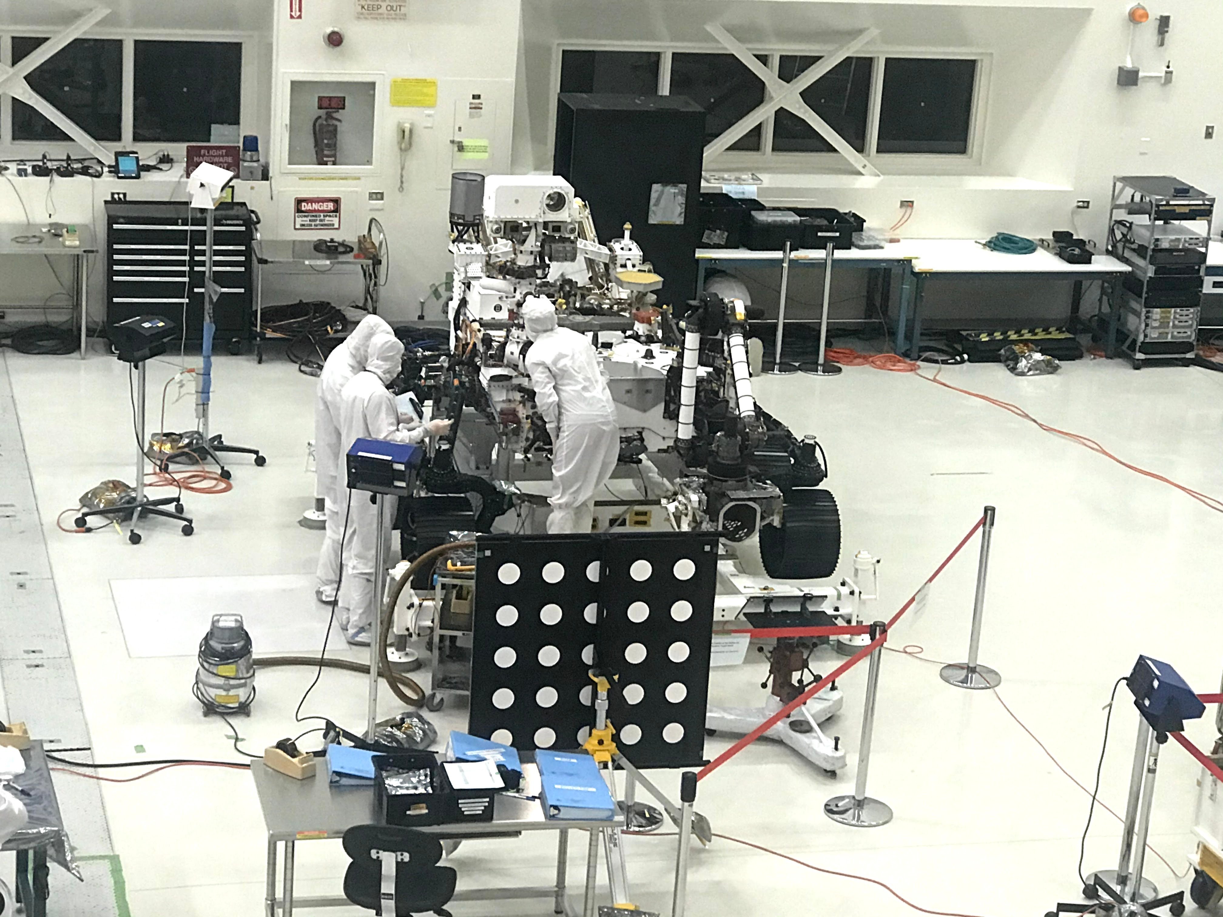 Mars rover being assembled at NASA's Jet Propulsion Lab (JPL) clean room.