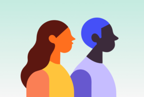 Illustration with two abstracted colorful people in profile, representing modern usability testing