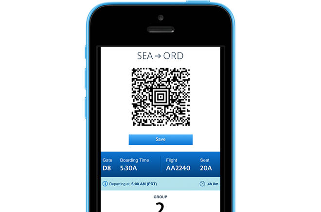Plane ticket with a QR code on an airline smartphone app.