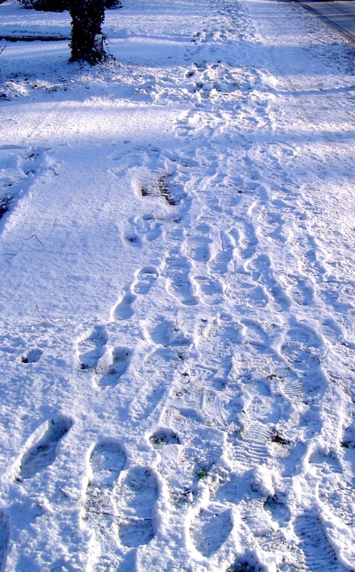 Trail of footsteps in the snow.