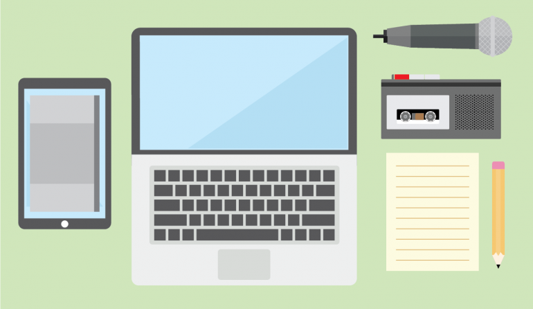 A sketch of typical interview tools like a laptop, microphone, and recording devices.