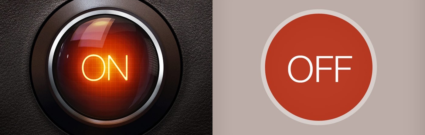 Glowing red three-dimensional on button and red two-dimensional off button.