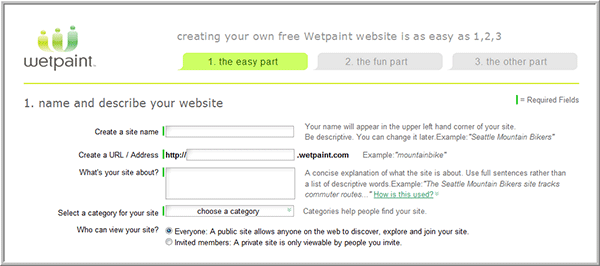Wetpaint website creation menu.